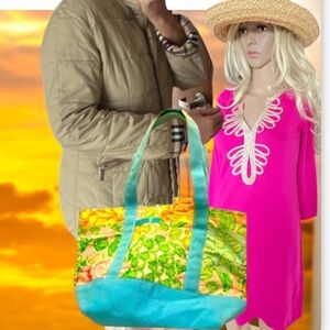 Lilly Pulitzer Canvas Tote Turquoise Blue Yellow